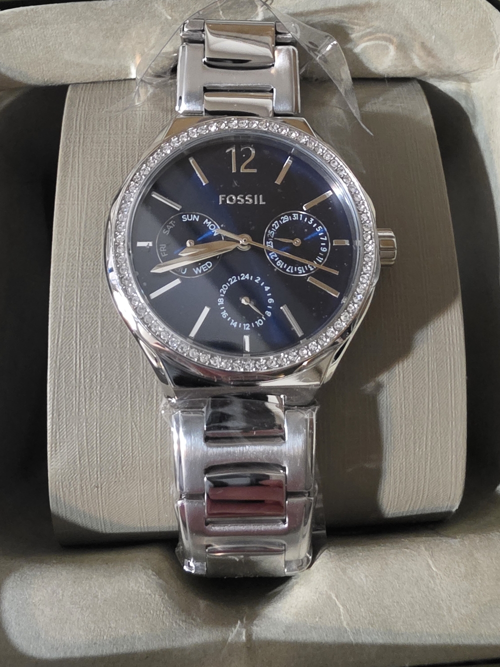 Fossil Women's Silver Watch with Blue Dial and Crystal Bezel